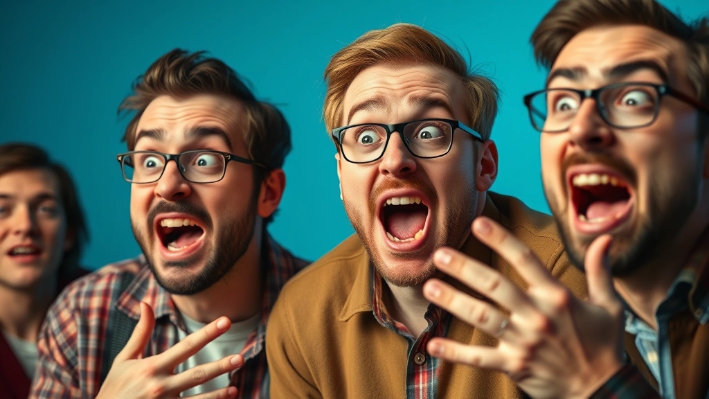 Close-up of comedic actors mid-performance showing expressive faces and physical reactions during slapstick sequence, vibrant colors, professional cinematography, dynamic body language and gestures