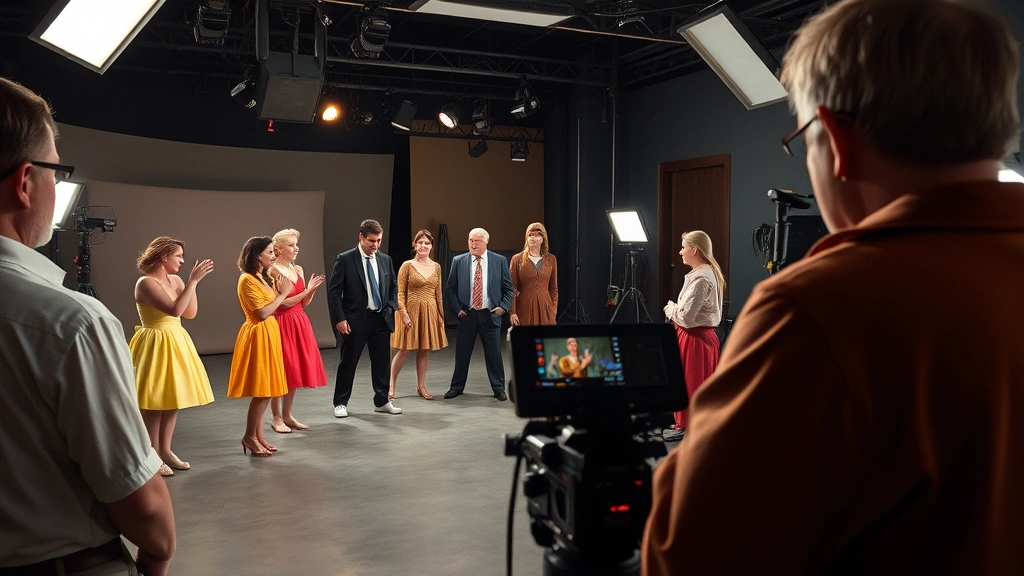 Behind-the-scenes view of film production with cast members in costume demonstrating choreographed comedy sequences, director observing, studio lighting setup, professional film set environment visible