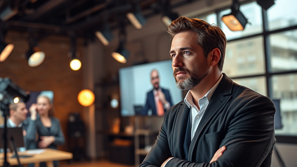 Professional actor in modern television studio setting, warm lighting, contemplative expression, creative workspace environment, photorealistic cinematography style