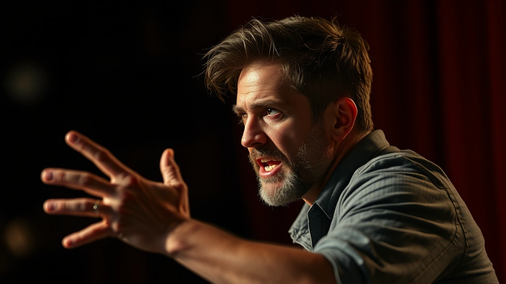 Actor during dramatic performance moment, intense emotional expression, professional stage or set lighting, cinematic quality photography, authentic character portrayal captured in motion