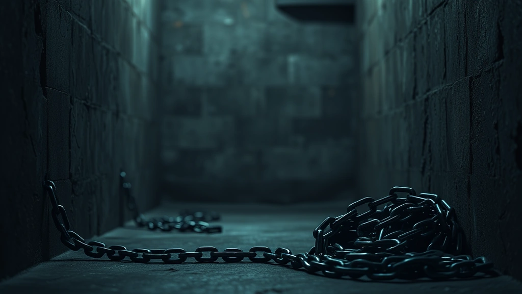 Close-up of a dimly lit basement corner with chains coiled on concrete floor, photorealistic, moody atmospheric lighting, no text or signage visible