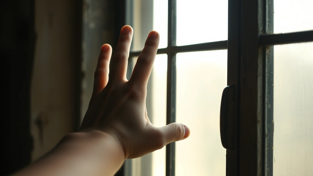 Young boy's hand reaching toward a barred window with diffused sunlight, photorealistic, emotional composition emphasizing confinement and longing, no visible text