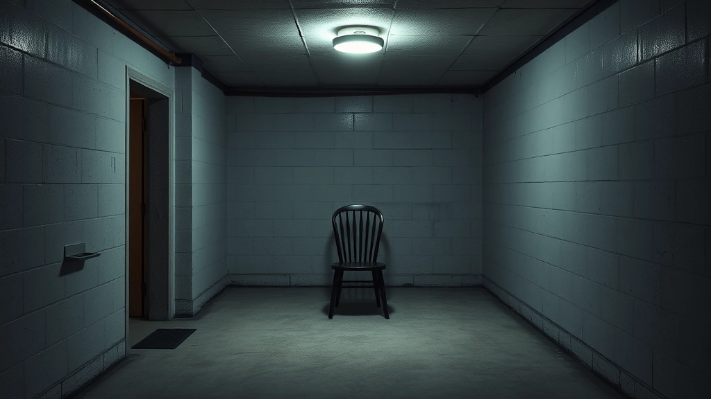 Sparse basement interior with a single chair and overhead light fixture creating shadows, photorealistic, minimalist composition emphasizing isolation and captivity, no text elements