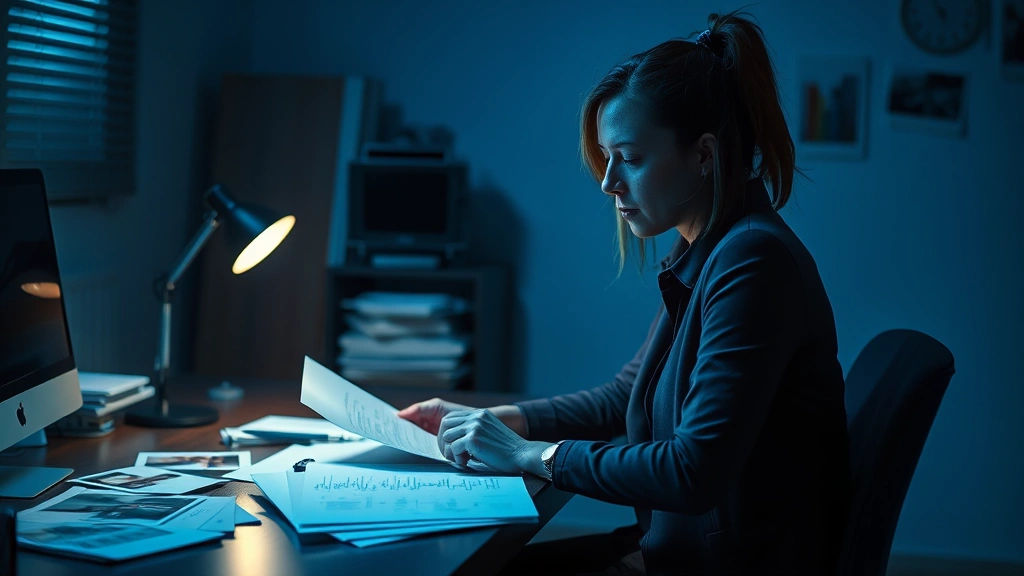 A professional female investigator sitting alone in a dimly lit office, reviewing scattered documents and photographs on a desk, concentrated expression with tension in her shoulders, cool blue lighting emphasizing isolation
