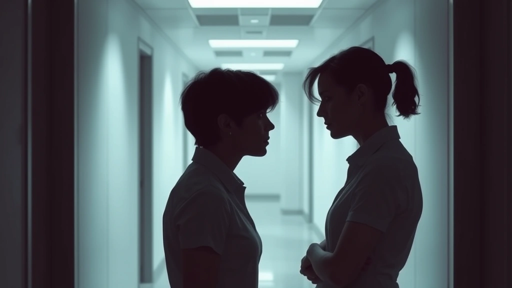 Two characters having an intense conversation in a stark corporate hallway, faces partially shadowed, body language suggesting distrust and hidden knowledge, minimalist architecture emphasizing emotional distance