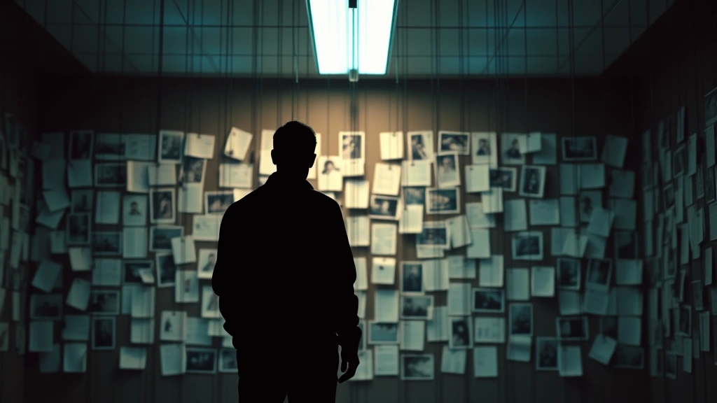 A solitary figure standing before a wall of evidence - strings connecting photographs and documents - backlit by cool fluorescent lighting, silhouette suggesting burden of knowledge and moral weight