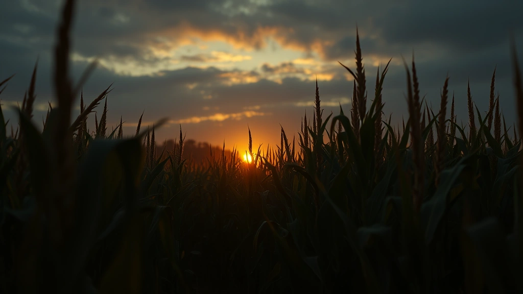 Atmospheric cornfield landscape at dusk with golden light filtering through tall stalks, creating deep shadows and sense of isolation and unease, photorealistic digital cinema aesthetic