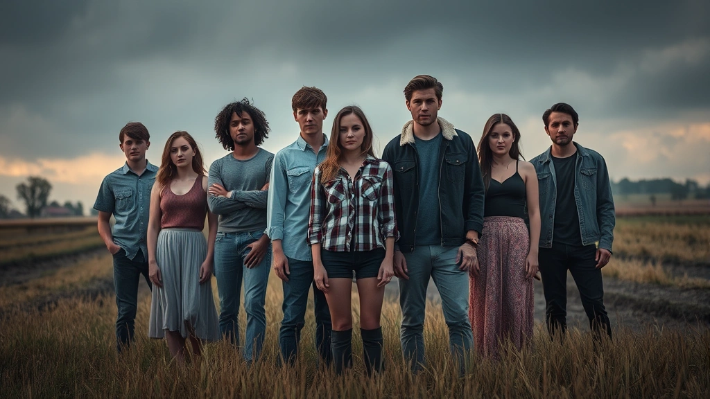Diverse group of young actors in contemporary horror film setting, positioned dramatically among rural farmland, tension-filled composition with moody cinematography and professional lighting