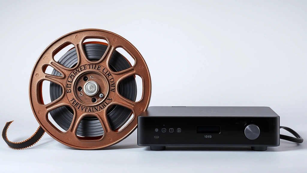 Vintage film reel and modern streaming device displayed together symbolizing franchise evolution from 1980s cinema to contemporary digital media platforms and viewing experiences