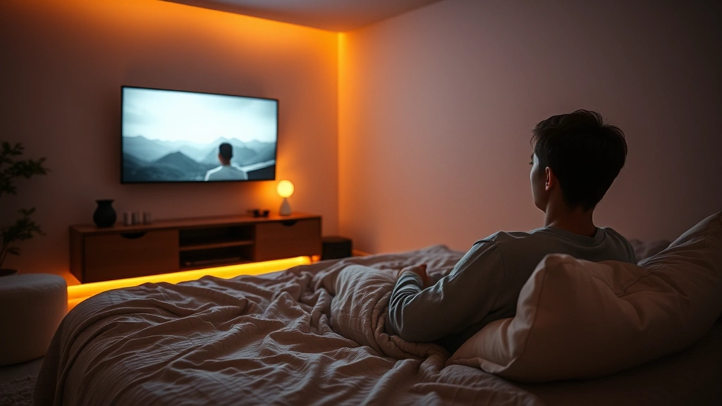Serene minimalist bedroom with soft warm lighting, person sitting peacefully watching a film on wall-mounted screen, cozy blankets and pillows visible, warm color temperature, photorealistic, cinematic ambiance, no text or visible screen content, intimate relaxation setting