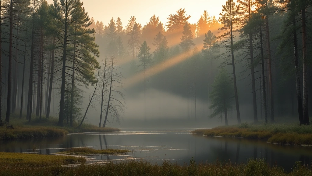Misty forest landscape at golden hour with soft natural lighting, serene water reflection, peaceful natural environment, photorealistic nature cinematography style, calming atmospheric mood, wide composition showing expansive terrain, no figures or text present