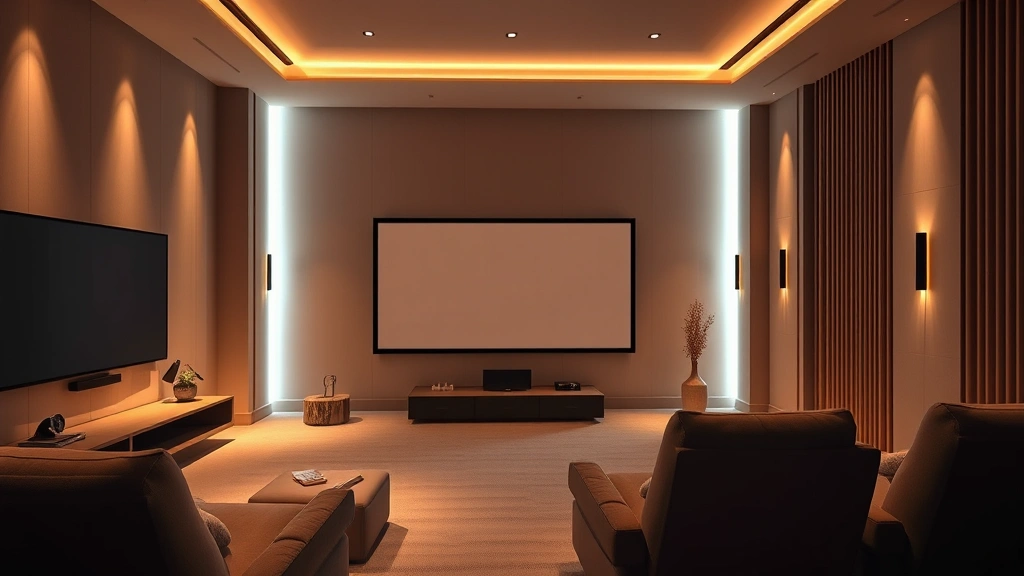 Modern home theater setup with soft ambient lighting, comfortable seating arrangement, warm neutral tones, peaceful interior design, photorealistic architectural photography, contemplative viewing environment, no screens showing content or visible text, sophisticated relaxation space