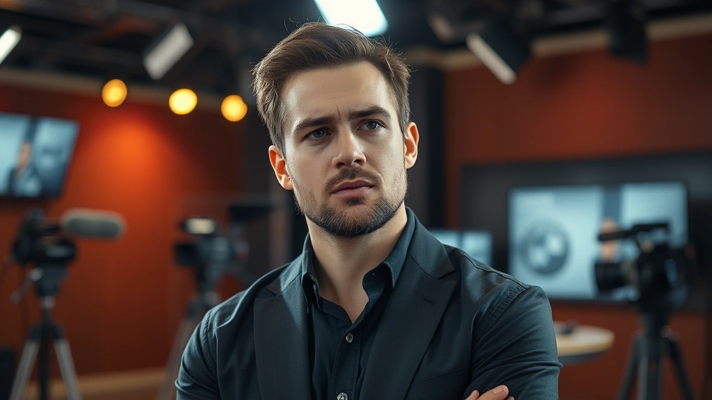 Professional actor in modern television studio setting, dramatic lighting, thoughtful expression, contemporary production equipment visible in background, photorealistic detail