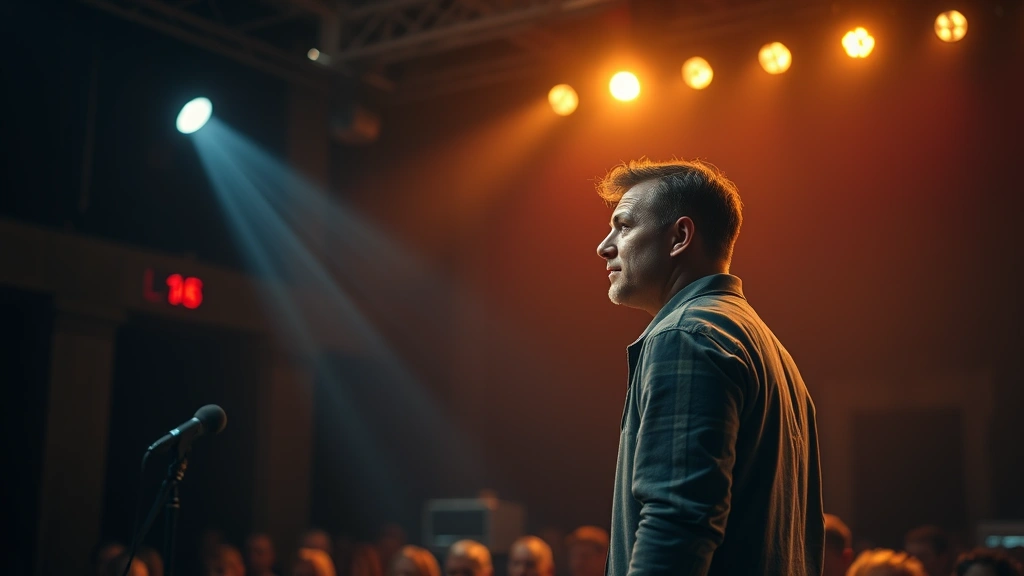 Performance arts environment with theatrical stage elements, warm professional lighting, actor in character moment, emotional authenticity visible, no text or interface elements