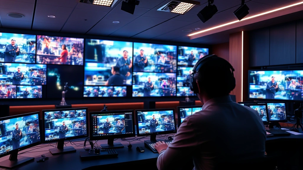 Television production control room atmosphere, multiple screens showing performance footage, professional broadcasting environment, modern digital media technology, photorealistic quality