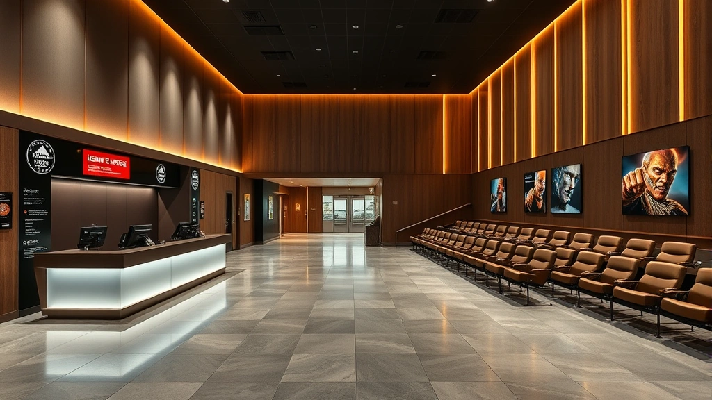 Theater lobby area with box office counter, directional signage, and comfortable seating areas, modern cinema entrance design, professional venue environment