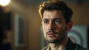 Professional male actor in dramatic film scene, intense emotional expression, modern cinematic lighting, close-up portrait style, contemporary film production setting