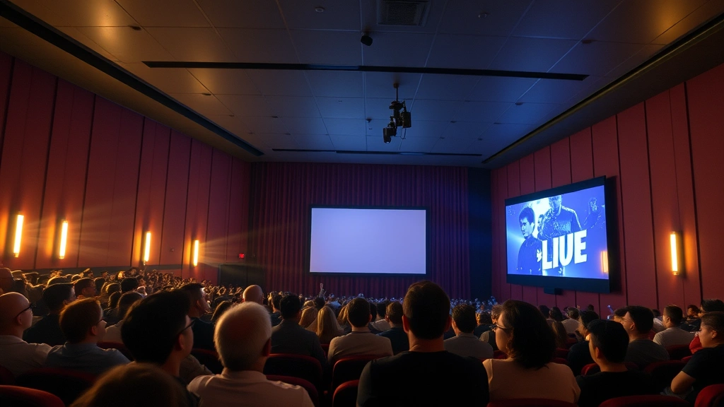 Movie theater interior with audience watching screen, warm ambient lighting, diverse viewers engaged in film experience, cinematic atmosphere, modern theater setting