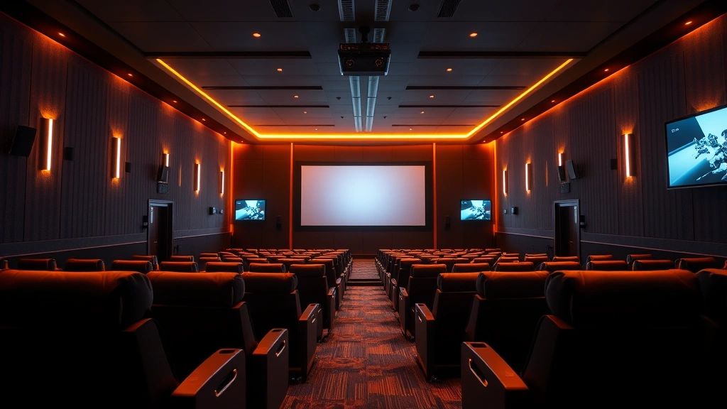 Modern movie theater interior with comfortable reclining seats, warm ambient lighting, and multiple screens visible through doorways, sophisticated digital presentation equipment