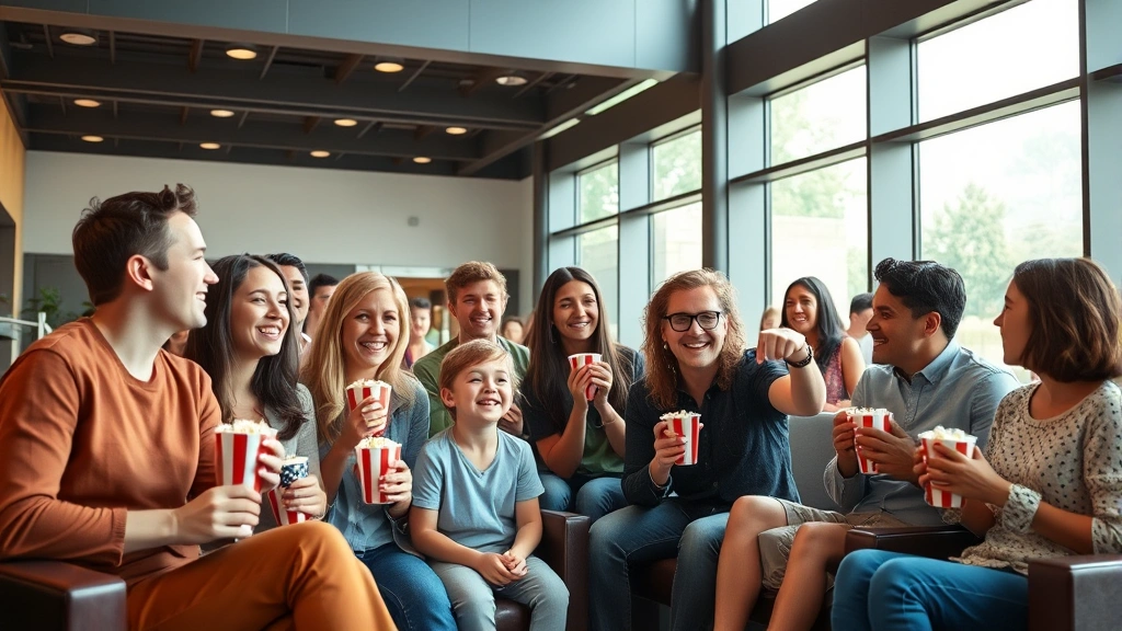 Group of diverse adults and children enjoying popcorn and beverages in a contemporary theater lobby, natural daylight streaming through large windows, casual happy atmosphere