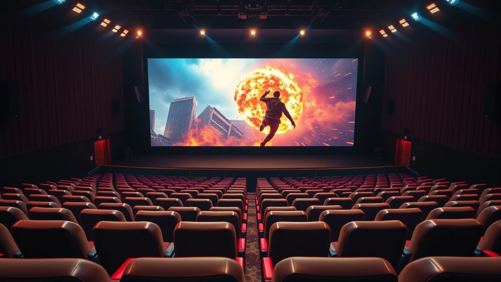 Cinematic wide-angle shot of a movie screen displaying vibrant action sequence with advanced projection technology, empty theater seats in foreground, premium IMAX format indication