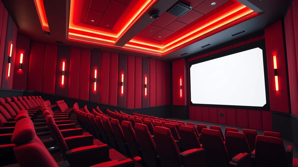 Modern cinema theater interior with plush red seats, elegant lighting, and premium screen setup, photorealistic, no visible text or screen content, focus on architectural design and ambiance