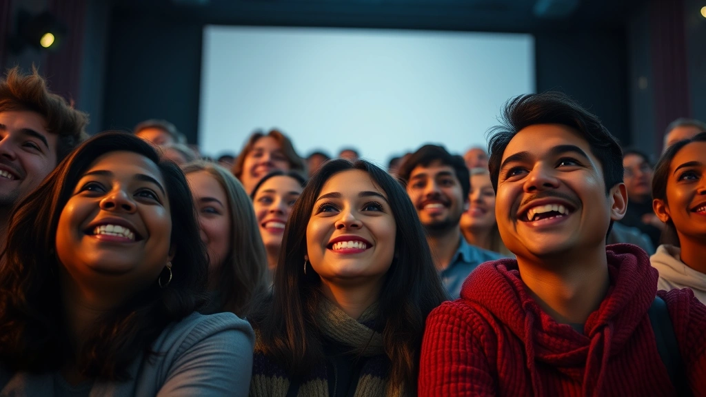 Close-up of diverse audiences experiencing film together, smiling faces illuminated by screen glow, communal viewing atmosphere, photorealistic, no visible movie content or subtitles