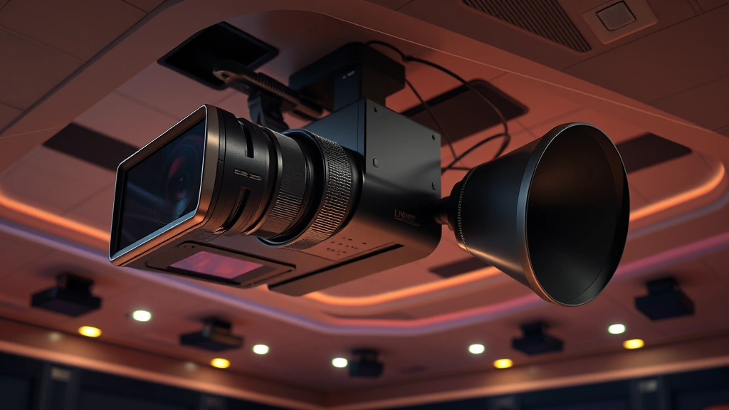 State-of-the-art projection and sound equipment in theater ceiling, professional cinema technology, lens and speakers detail, photorealistic, no visible text or labels