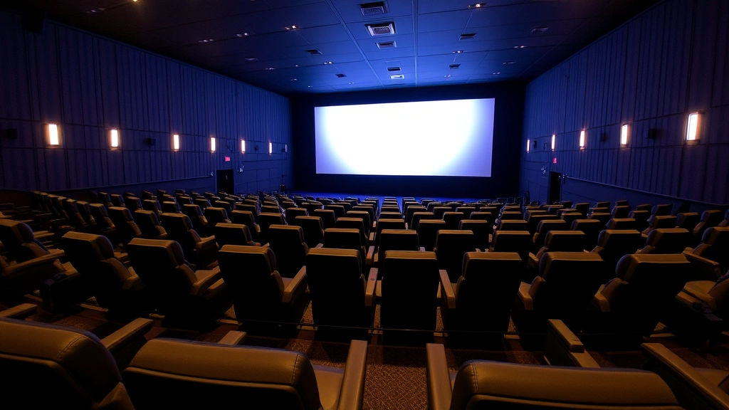 Modern theater auditorium interior with rows of comfortable reclining seats, soft ambient lighting, clear screen view, professional cinema environment, no visible screens or text