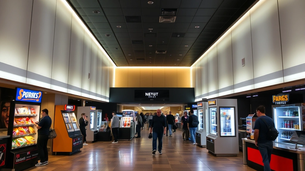 Movie theater lobby or concession area with snack displays, beverage stations, and customers, bright lighting, modern aesthetic, cinema atmosphere, no readable signage