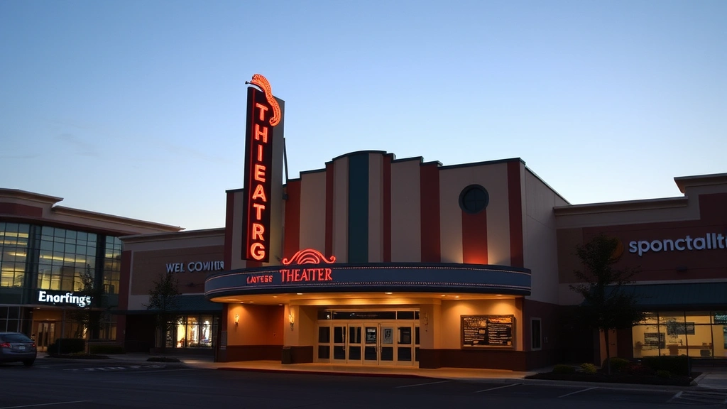 Theater exterior at dusk or evening with entrance, parking area visible, integrated shopping complex surroundings, welcoming venue appearance, no visible text or signage