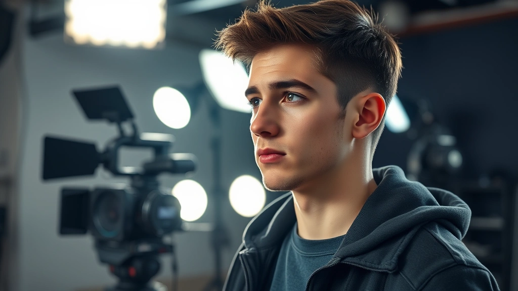 Young male actor in professional film studio setting with professional lighting, digital camera equipment visible, modern cinema production environment, focused and thoughtful expression