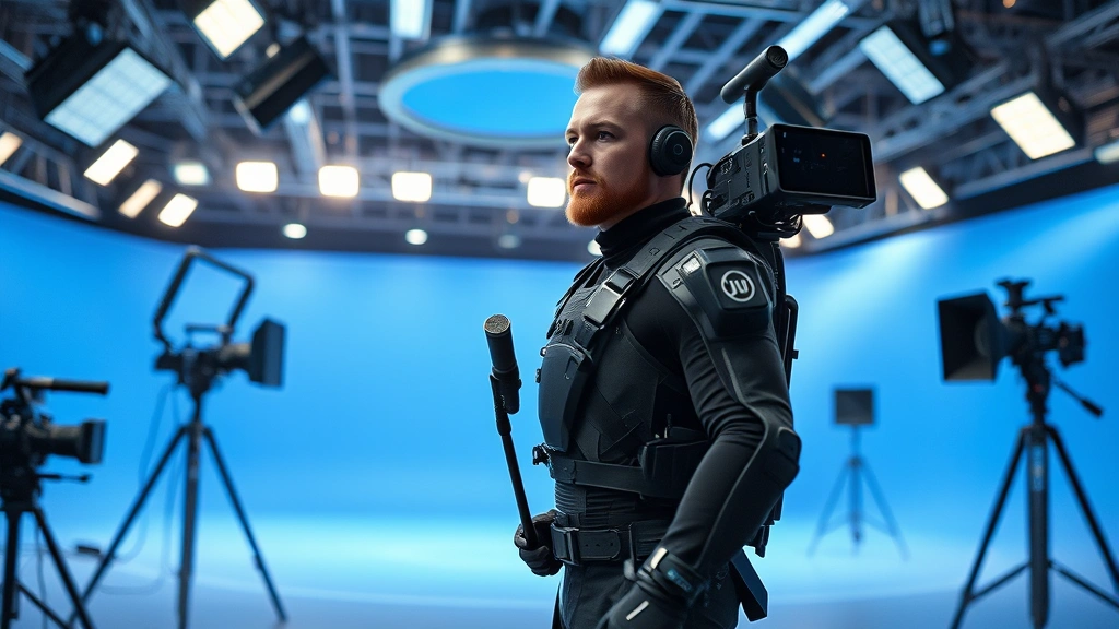 Actor in motion capture suit on futuristic film set with blue screens and motion tracking equipment, advanced filmmaking technology, cinematic production atmosphere, professional studio lighting