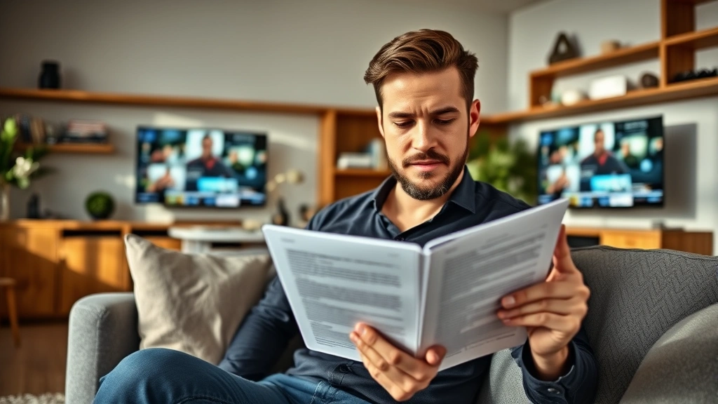 Actor reviewing script pages on tablet device in contemporary home office setting with digital streaming content visible on background screens, modern entertainment industry workspace, natural daylight