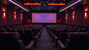 Modern cinema interior with plush reclining seats bathed in warm lighting, rows of comfortable seating facing projection screen, theatrical atmosphere with ambient ceiling lights, cinematic ambiance