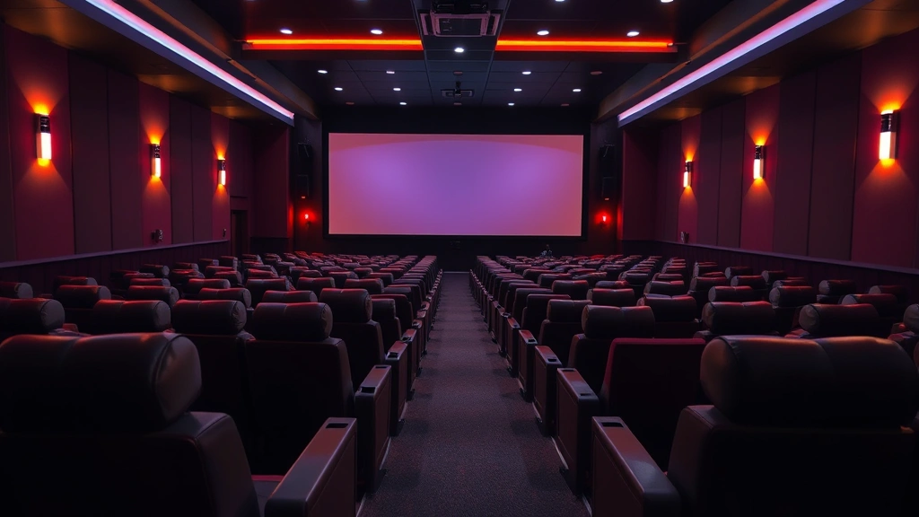 Modern cinema interior with plush reclining seats bathed in warm lighting, rows of comfortable seating facing projection screen, theatrical atmosphere with ambient ceiling lights, cinematic ambiance
