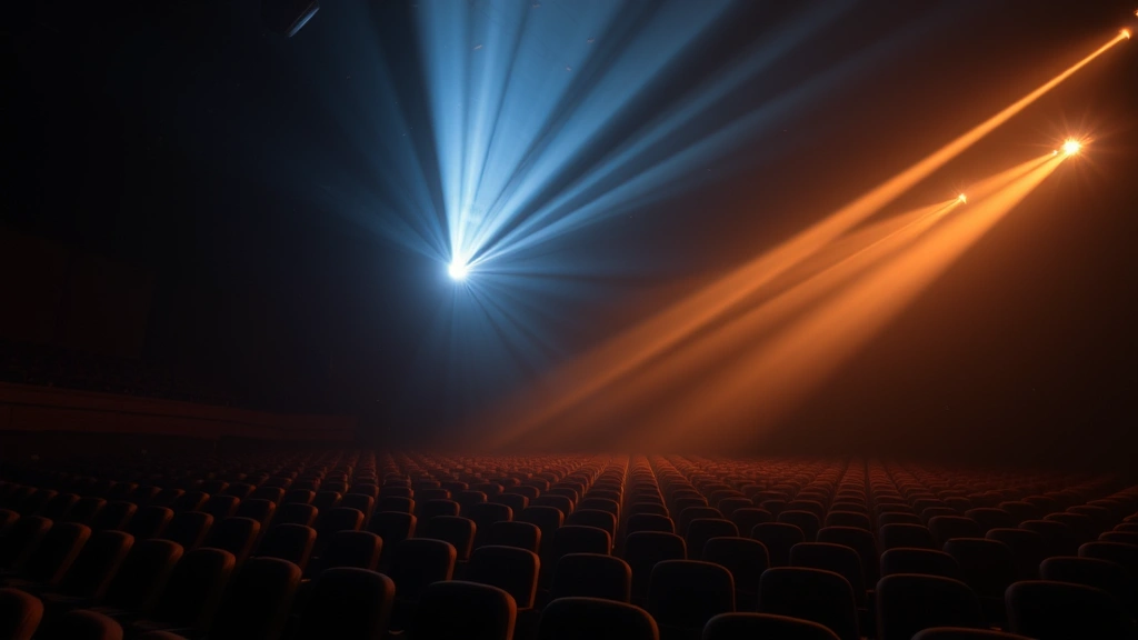 Advanced digital projection system emitting vibrant light beam in darkened auditorium, modern cinema technology, projection equipment showcasing theatrical presentation quality