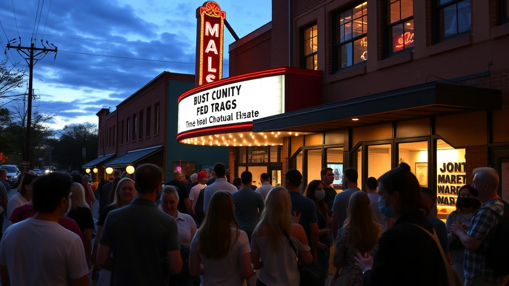 Community gathering outside local movie theater at dusk, diverse patrons enjoying social experience, warm venue lighting visible through windows, theatrical marquee glowing, people enjoying entertainment destination