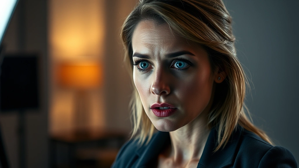 Professional actress in dramatic scene, intense emotional expression, studio lighting, contemporary setting, close-up portrait style, serious tone, no visible text or graphics