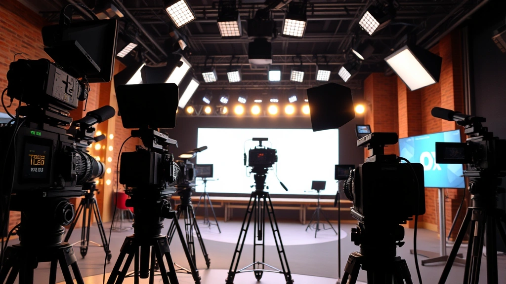 Television production set with multiple cameras and professional lighting rigs, cinematography equipment, studio environment, behind-the-scenes professional atmosphere, no visible screens or monitors