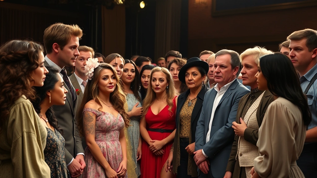 Diverse ensemble cast in dramatic production setting, multiple actors in scene together, professional costume and makeup, cinematic lighting, collaborative storytelling moment, no visible text or interfaces