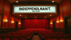 Warm interior of a classic independent movie theater with vintage marquee signage, red velvet seats visible through open doors, soft golden lighting from wall sconces, empty theater ready for evening showings, nostalgic yet well-maintained atmosphere, photorealistic cinema venue