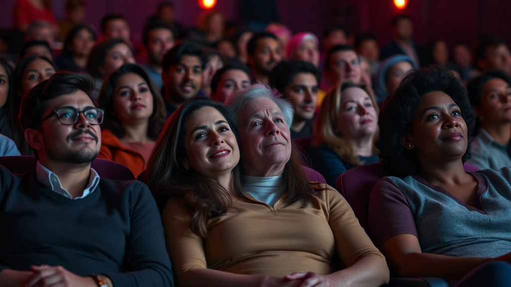 Diverse group of people sitting in comfortable theater seats watching a film together, faces illuminated by screen glow, expressions showing engagement and enjoyment, mixed ages and backgrounds, community cinema experience captured mid-movie, intimate shared moment