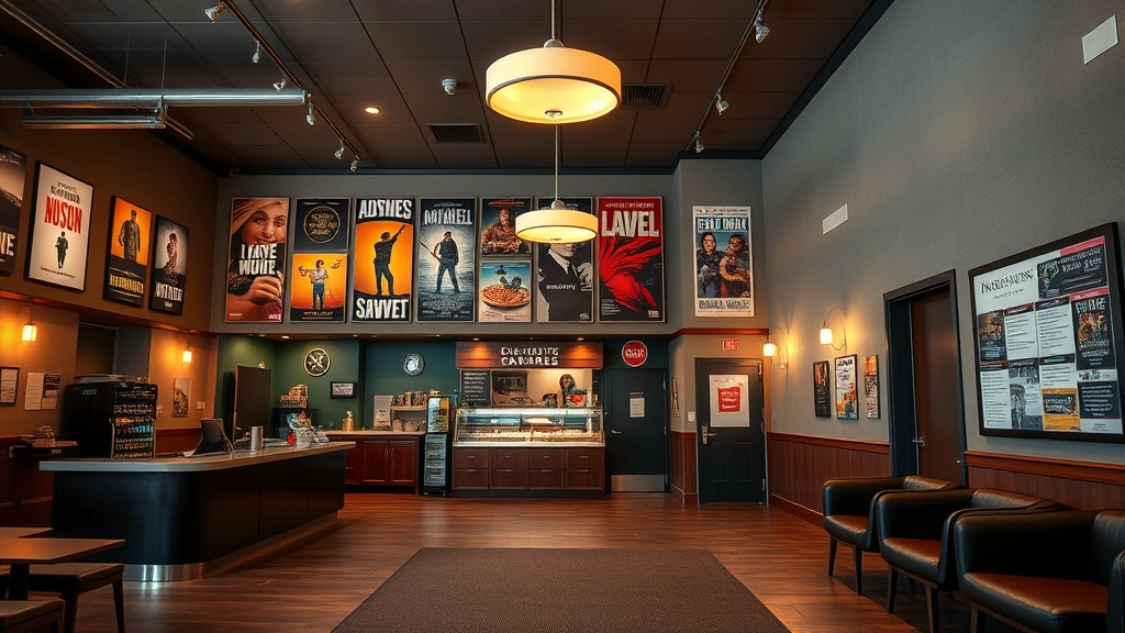 Modern independent theater lobby with concession counter, vintage movie posters on walls, comfortable seating areas, warm ambient lighting, community bulletin board with local event flyers, welcoming neighborhood gathering space, photorealistic contemporary cinema venue