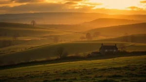 Moody English countryside landscape at golden hour, rolling hills with traditional stone cottage in distance, soft natural lighting, photorealistic, no people, atmospheric and contemplative mood