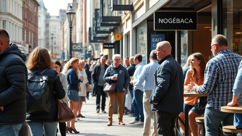 Modern British urban environment showing diverse characters in everyday interactions, street cafe or public space, natural daylight, photorealistic, capturing authentic contemporary English life without text or signage