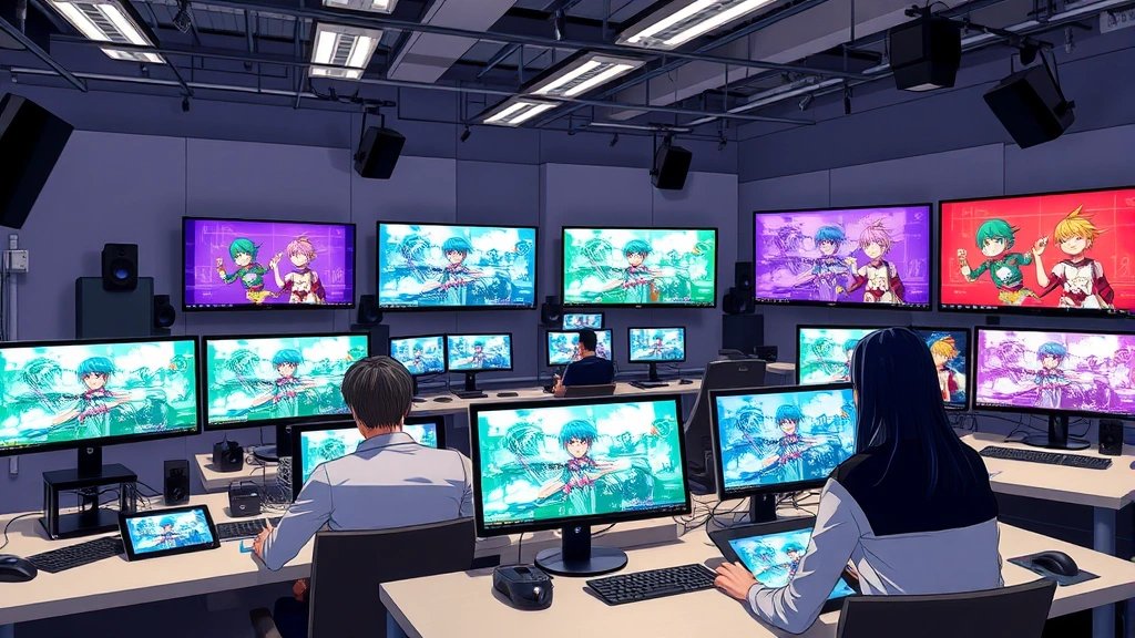 Professional anime production studio with animators working at digital tablets and traditional animation desks, vibrant color-corrected monitors displaying intricate character designs and dynamic action sequences, bright creative workspace with multiple screens showing layered animation frames, contemporary digital media production environment with modern equipment and collaborative team atmosphere