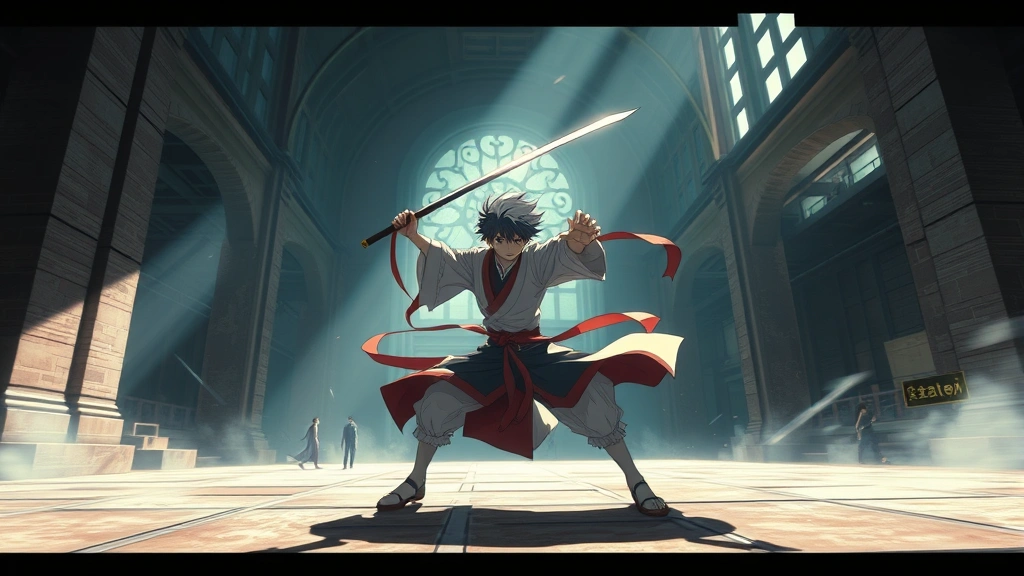 Cinematic anime character in dynamic combat pose within impossible architectural space, ethereal supernatural lighting effects casting dramatic shadows, detailed fabric and motion blur suggesting high-speed action, fantasy demon slayer aesthetic with traditional Japanese visual elements blended with modern animation techniques, professional theatrical production quality cinematography