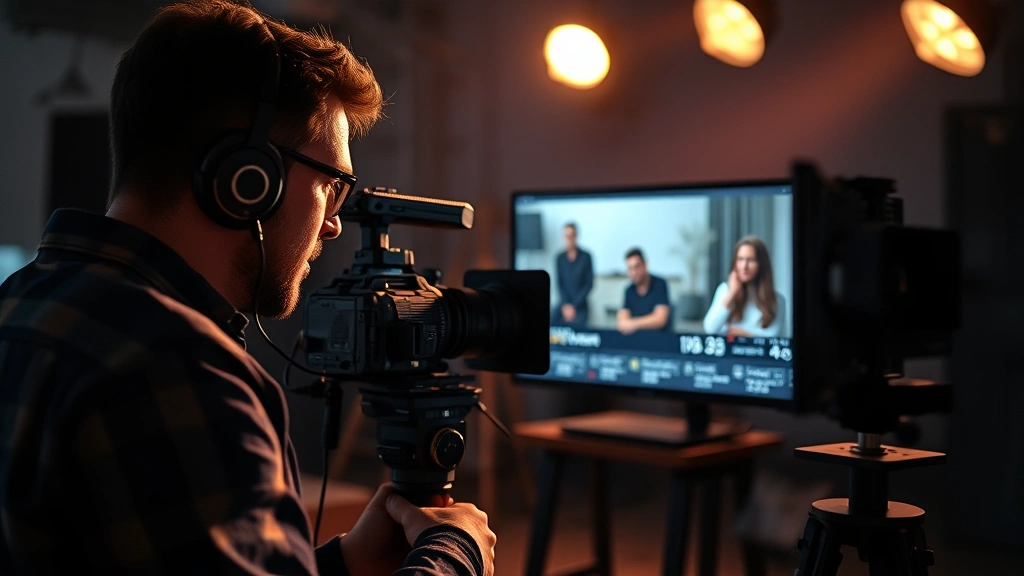 Film director reviewing footage on a monitor with professional cinematography equipment visible, dramatic three-point lighting setup, focused concentration on creative work in a modern production environment