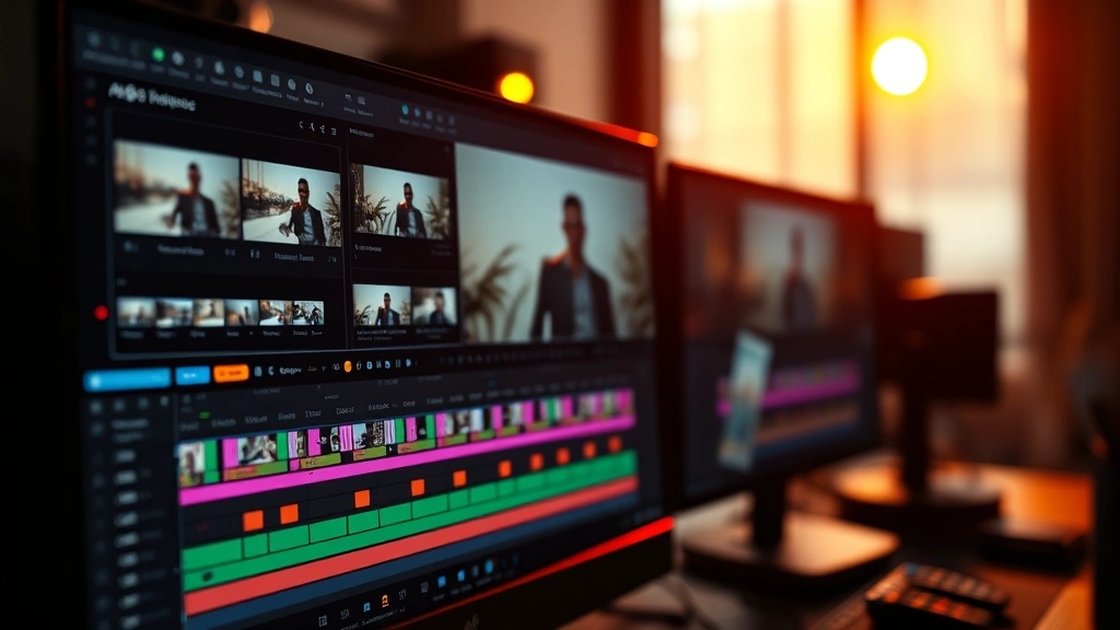Close-up of professional film editing software interface with color grading and timeline visible, dramatic backlighting creating cinematic atmosphere, modern digital filmmaking workspace with monitors